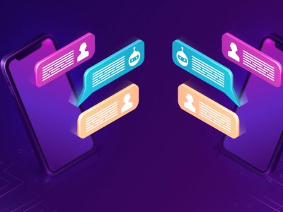 Chat bot or mobile chatting, isometric concept vector illustration. Dialog sms icons or text bubbles on screens of two smartphones facing each other, isolated on purple, ultraviolet background