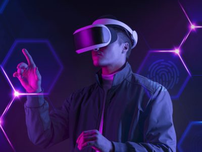Man wearing smart glasses touching a virtual screen futuristic technology digital remix