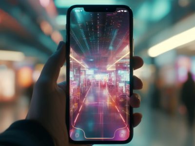 In the futuristic city, a businessman holds a smart phone generated by artificial intelligence